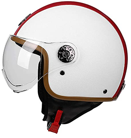 Casco Moto Retrò in Pelle Per Adulto Casco Aperto Per Adulto Casco Moto Vintage A Mezza Faccia Certificato DOT/ECE Per Scooter Per Ciclomotore Per Uomo Donna Touring Casco Per Moto,Bianca,M