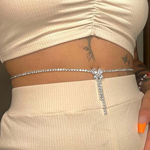 Carufin Schmetterlingskette Silber Strass Körperketten Kristall Bauchnabel Ketten Sommer Party Körperschmuck für Frauen und Mädchen