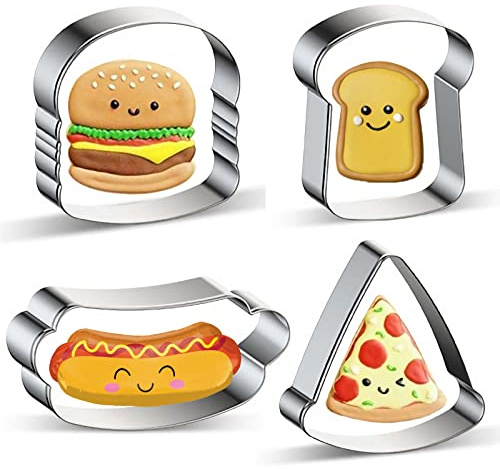 4 Piece Xzhloym Cookie Cutters Set - Hamburger Burger Cheeseburger Hot Dog Toast Slice of Bread Pizza Food Shape Cookie Cutter Stainless Steel Molds for Flour Box Bakery Baking - DIY Gift for Women
