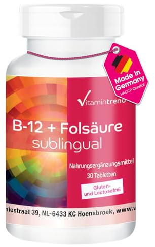 Vitamin B-12 + Folsäure sublingual ! 1-MONATS-VORRAT ! 30 Tabletten mit 500μg Vitamin B12, 100µg Folsäure & Acerola - hohe Dosierung - vegan - bioverfügbare Supplements aus Deutschland | Vitamintrend®