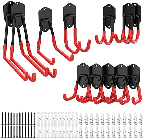 WALMANN 12 x Garagen-Aufbewahrungssystem-Haken, Wandhalterung, strapazierfähig, gummiert, Utility-Haken für Gartenwerkzeuge, Leitern, Schnüre, Klappstühle, Unkrautfresser, Schaufeln und Rechen