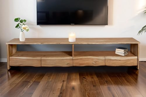 SAM Lowboard Dahlia III, Akazienholz massiv & naturfarben, TV-Schrank mit 4 Schubladen & offenem Fach, TV-Board mit echter Baumkante, 230 x 45 x 50 cm