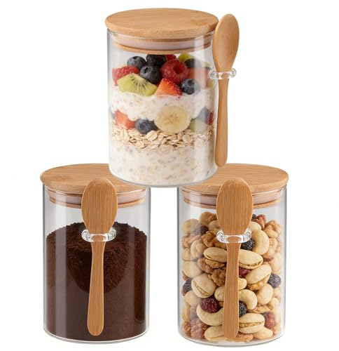 3 Pcs Glass Jars With Airtight Lid And Spoon,Overnight Oats Containers With Bamboo Lids,Glass Food Storage Canisters Yogurt Containers For Coffee Beans,Tea,Flour,Candy,Salts & More（20 Oz/600Ml）