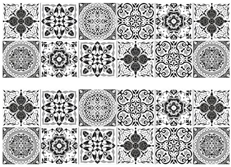 Bailinks 24 Stück 10,2 cm graue Wandfliesenaufkleber im viktorianischen marokkanischen Mosaik-Stil Fliesenaufkleber Möbeltransfers, zum Aufkleben auf Fliesen abziehen und aufkleben
