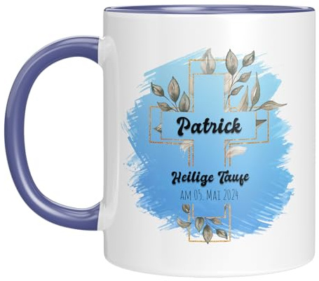 TassenTicker - personalisierte Tasse - Christliche Geschenk zur Taufe - Mädchen - Jungen - Kreuz - Taufkind - Glückwunsch - Wunschtext (Blau, Taufe)