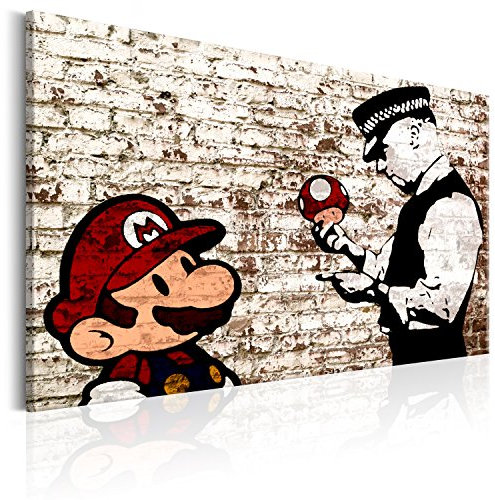 murando - Akustikbild Banksy Super Mario Mushroom Cop Bilder Akustikschaum Hochleistungsschallabsorber Schallschutz Leinwand 1 tlg Wandbild Raumakustik Schalldämmung Street Art
