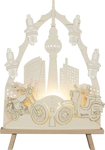 Rudolphs Schatzkiste Lichterspitze Moped-Motiv LED-Beleuchtung Natur BxHxT 37,5x44x6cm NEU Schwibbogen Lichterbogen Fensterbogen Spitzbogen Erzgebirge Weihnachten Bergbau Bergmann Licht Holz