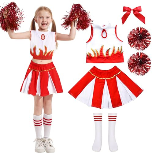 Disfraz Carnaval de Animadora para Niñas: Disfraz Cheerleader Niña con Pompones Calcetines y Lazo - Uniforme Cheerleader para Carnaval Cosplay Competición Deportiva y Fiestas (Rojo, 120(5-6 Años))