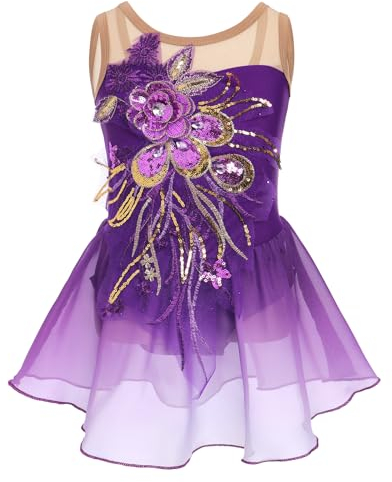 M?dchen Eiskunstlauf Kleid Pailletten Blumen Ballettkleid Chiffon Tanzkleid ?rmellos Turnanzug Gymnastikanzug Kinder Swing Skater Ballettkleidung Tanzkost?m Trikot Einteiler Body Lila 7-8 Jahre