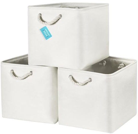 OrganiHaus Fabric Storage Boxes, Set of 3 Foldable 33X33 Cube Organiser Bins with Rope Handles for Shelves, Nursery & Closet, Collapsible Storage Baskets for Toys, Clothes & More - Off-White