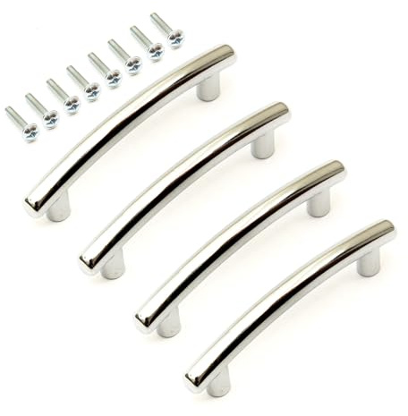 Curved Bow Handle 64mm H/C Polished Chrome & Screws Kitchen Drawer Cupboard Cabinet Door (4, 23mm Screw Length)