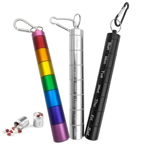 FrOon Tablettenbox 7 Tage Aluminium Pillenbox, 7 Fächer, Medikamenten-Organizer,Pillenbehälter mit Schlüsselanhänger und Karabiner Wasserdichte 3-teilig