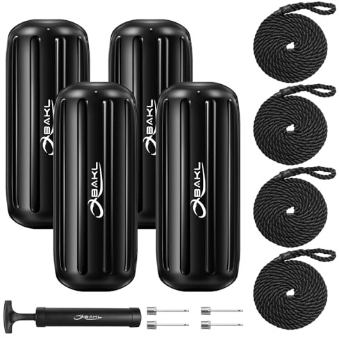 OBAKL Boat Fenders 4 Pack 8 x 20 Inches Ribbed Center Hole Boat Fenders Bumpers for Docking, Comes with Ropes and Pump to inflate(Black)