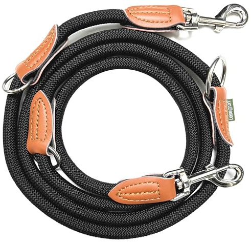 Leisegrün Hundeleine große Hunde, 3-Fach verstellbar 2m, Schwarz | Devon: Hausleine, Kurzführer & Führleine für den Hund, rund geflochten, Nylon Paracord Seil, 1m-1,8m, Umhängeleine zum Joggen