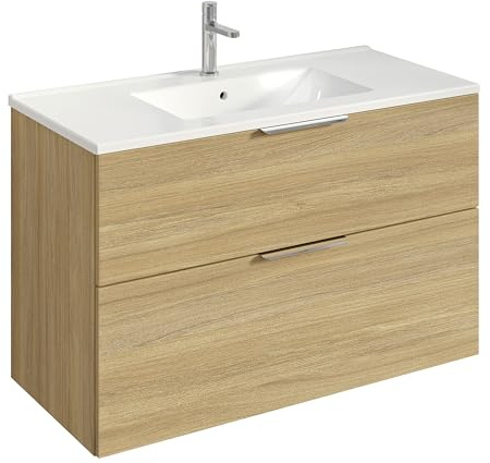 Bernstein Badmöbel-Set Tim 100cm Waschbeckenunterschrank mit Waschtisch, Unterschrank in Eiche Nebelgrau, Griffe in Chrom,Keramik-Waschbecken vormontierter Unterschrank, feuchtigkeitsresistent