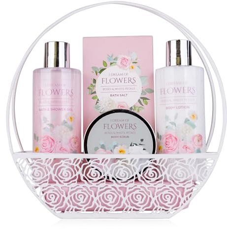 Accentra badset DREAM OF FLOWERS i trådkorg med handtag, inkl. duschgel, bodylotion, badsalt och kroppsskrubb - wellness-presentset för födelsedagar, Alla hjärtans dag eller Mors dag