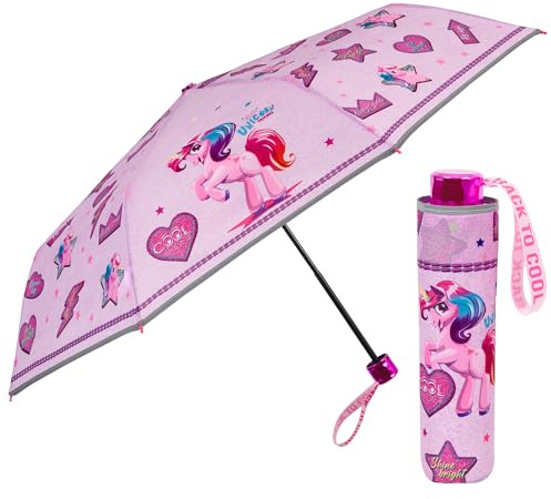 PERLETTI Einhorn Kinder Regenschirm Mädchen - Rosa Pink Unicorn Taschenschirm Minischirm Kinderschirm 7+ Jahren - Regenschirm Klein Windfest mit Reflektierendem Rand - Durchmesser 91 cm (Pink Denim)