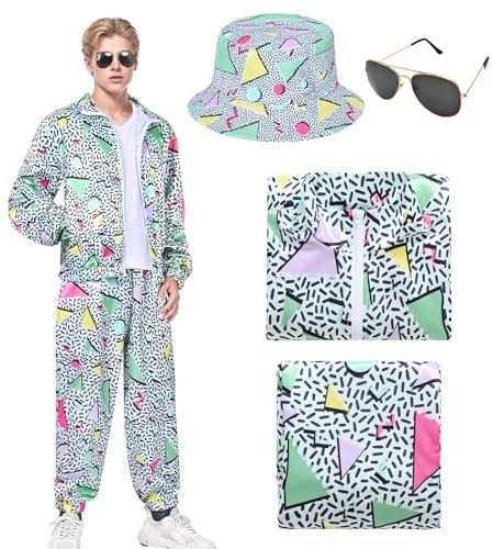 HarnyLoom 80er Jahre Outfit Damen Herren 80er Trainingsanzug Retro Kostüm Jacke Hip Hop Disco Gläser Hut Zubehör Windbreaker Karneval Halloween Party Cosplay (Grün, S)