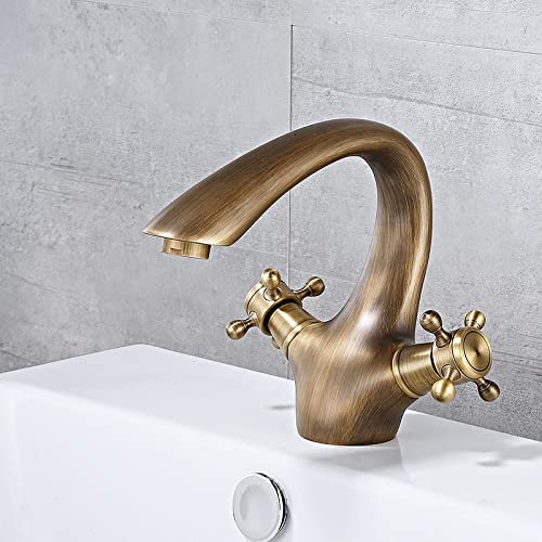 Vintage-Waschtischarmatur for Badezimmer, Doppel-Kreuzgriffmischer, Badezimmer-Waschtischarmatur, Messing-Badezimmerarmatur, Warm- und Kaltwaschbecken-Mischbatterie, Badarmatur mit einem Loch, Gold(An