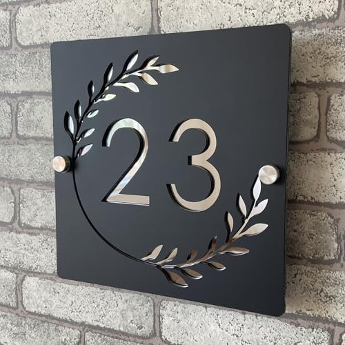 Plaque de numéro de maison personnalisable en acrylique 3D bicolore (noir et argent) avec numéros flottants et guirlande, pour intérieur et extérieur, idéale pour maisons, hôtels, appartements et