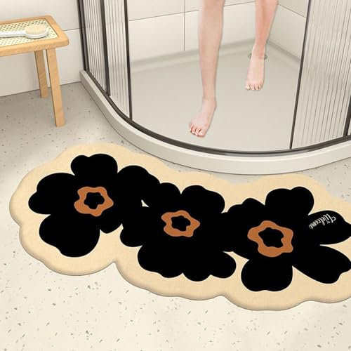 Non-slip Shower Mat, Cute Curved Bath Mat Non Slip, Super Absorbent Corner Bathroom Rug, Machine Washable Bath Mats for Bathroom Home Hotel(Black,40X80cm)