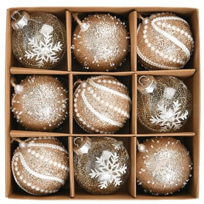M&W DasDesign Lot de 9 boules de Noël élégantes 8 cm de diamètre 3 designs Surface pailletée dorée Décoration festive pour Noël