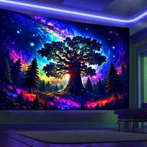 WIERAEM Schwarzlicht Wandteppich Wald Uv Psychedelic Wandtuch Natur Baum Sterne Galaxy Trippy WandtüCher SchöNe Bunt Fluoreszierende Tapestry Deko Groß 230x180cm