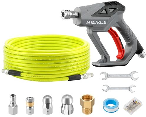 M MINGLE Sewer Jetter Kit for Pressure Washer 50 FT, Drain Cleaner Hose with Power Washer Gun, 1/4 Inch NPT Corner Rotating and Button Nose Sewer Jetting Nozzle, Orifice 4.0, 4.5