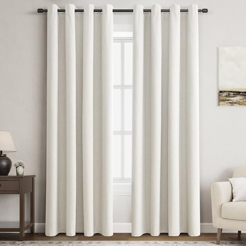 Nanspring 100% Blackout Linen Curtains for Bedroom Thermal Insulated Grommet Complete Blackout Drapes 86 Inch Length 2 Panels Set Heat and Full Light Blocking Living Room Darkening Curtain Cream