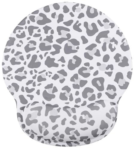 Ksriylm Niedliches Leopard Mauspad, Ergonomisches Mauspad mit Handgelenkauflage,Wasserdicht Gelkissen Mousepad mit Rutschfester PU-Unterseite für Computer, Laptop und Gaming,Grau Weiß