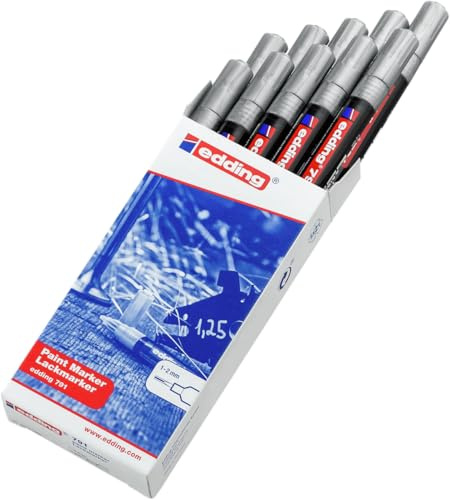 edding 791 Lackmarker - silber - 10 Stifte - dünne Rundspitze 1-2 mm - Lackmarker zum Markieren und Beschriften von Metall, Glas, Stein oder Kunststoff - hochdeckend, permanent, wischfest
