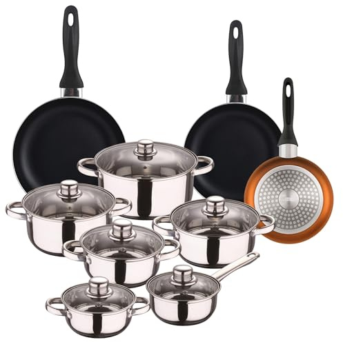 Well Home Kochgeschirr-Set, 12-teilig, Edelstahl + 3 Pfannen, Ø 16 x 20 x 24 cm, Kupfer metallisiert aus gepresstem Aluminium
