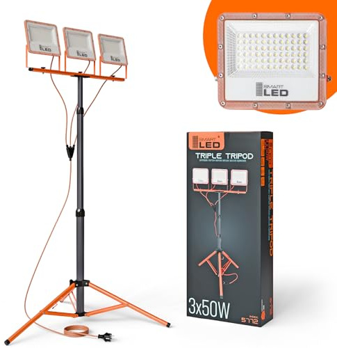 SmartLED Baustrahler Arbeitsstrahler mit Stativ 3x50W, LED Strahler 3x5500 Lumen, Orange, 1,60 m Einstellbar Teleskopisch, 360° Grad Drehung, 180 cm Kabel, IP65 (3x 50W 16500lm)