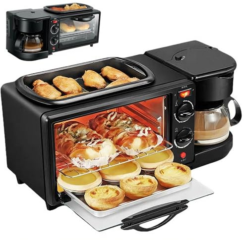 Versatile macchina per la colazione 3 in 1, dotata di tostapane a quattro fette, padella antiaderente e caffettiera dotata di timer. Ideale per appartamenti e cucine compatte