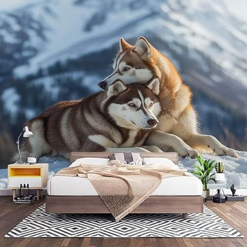 Papel Pintado Panorámico Fotomurales Animal Malamute de Alaska 450x315 cm, Murales de Pared Decoración Póster in Tejido No Tejido MontañA Nevada Personalizado 3D Para Salón Dormitorio Oficina