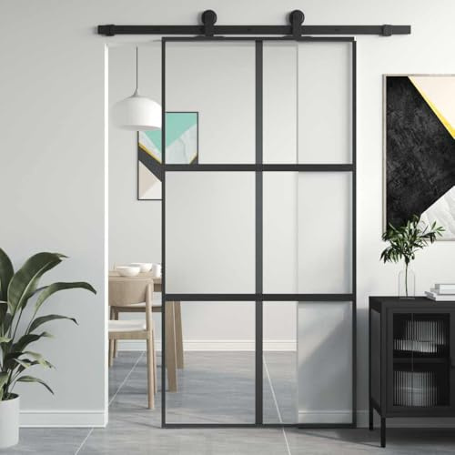Juego completo de puertas correderas de cristal, montaje en techo, puerta corredera, color negro, 102,5 x 205 cm, vidrio templado y aluminio, para espacio valioso en la habitación