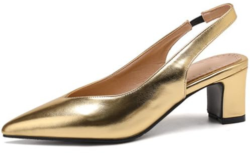 Escarpins Slingback Femme Bout Pointu Talon Bloc Cuir Synthétique Lisse Finition Dorée Design Basse Coupure Classiques Bureau Quotidien Tailles Complètes 34-48
