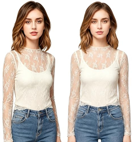 Haut en maille pour femme - Haut sexy à paillettes - Transparent - Manches longues - Dentelle transparente - Pour fête, club, festival