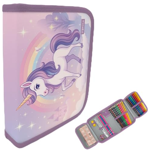 itenga Schüler-Etui 28 teilig gefüllt 1-Zipper Federmäppchen für Jungen und Mädchen (Einhorn Zauberwolke)