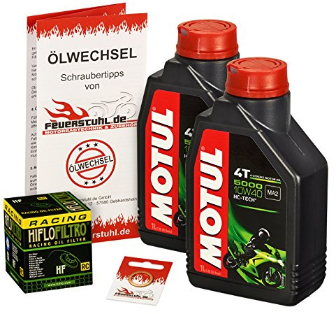 Motul 10W-40 Öl + HiFlo Ölfilter für Kawasaki ER6f / ER6n, 05-15, EX650A EX650C - Ölwechselset inkl. Motoröl, Racing Filter, Dichtring | Ölwechsel Set mit Motul 5000 10W-40 Motoröl, Hiflo Racing Ölfilter und Dichtring(en)