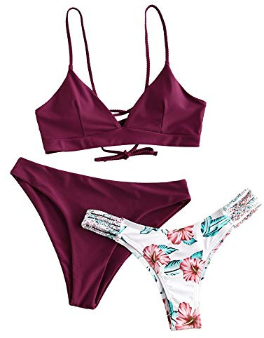 ZAFUL Damen Zweiteilig Bikini-Set mit verstellbarem BH Push-Up Rücken, Triangle Bustle Badehose mit Blummenmuster