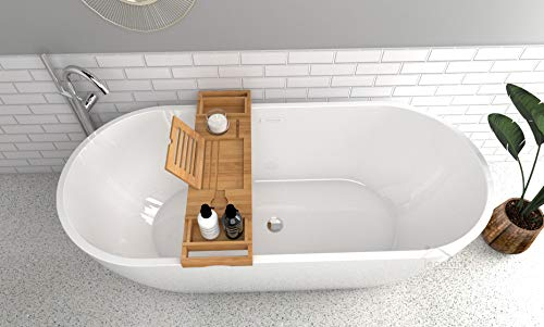 ECOLAM exklusive freistehende Badewanne Standbadewanne moderne Wanne freistehend Elena-1 170x77 cm + Ablaufgarnitur Click Clack Design Acryl glamour weiß (mit Bambus Abalge)