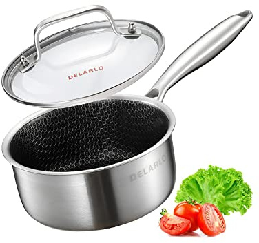 DELARLO Tri-Ply Stainless Steel Anti-Scratch Semi-Nonstick Honeycomb Saucepan with Tempered Glass Lid, Ergonomic Handle and Hexagonal Design for Multi-purpose uses (1.5-QT) (2.5 QT), Silver