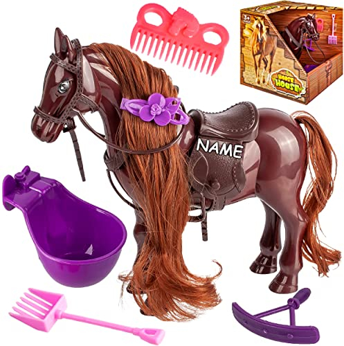 Spielzeugpferd/Pferd + Zubehör - inkl. Name - passend für Barbie Puppe - 17 cm hoch - mit abnehmbaren Sattel + Zaumzeug - mit Haaren - ideal auch für 29 cm..