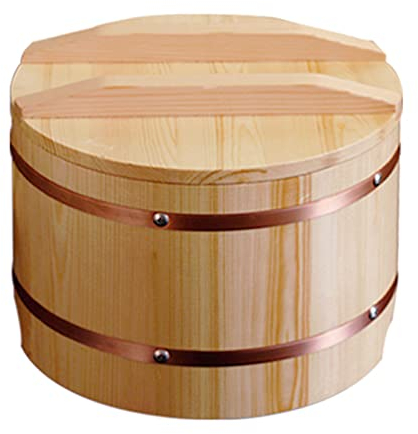 Large Wooden Mixing Bowl, Hangiri Sushi Oke Rice Mixing Tub with Lid & Copper Bands for Sushi Chef Restaurant,Small