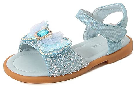 Monissy Fille Eté Princesse Déguisement Chaussures Enfant Sandales à Plat Bout Ouvert Tulle Noeud Ailes 2 Couches Paillettes Cristal Bébé Ballerines Scratch Plage Voyage, Bleu, 25