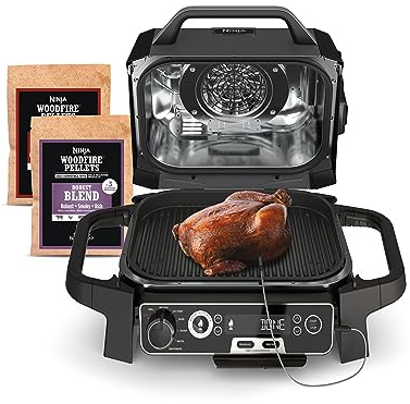 Ninja OG751 Woodfire Pro Outdoor Grill Built-In Thermometer,7-in-1 Master Grill,BBQ Smoker,& Outdoor Air Fryer Plus Bake,Roast,Dehydrate & Broil,Woodfire Technology,Weather-Resistant,Grey XL