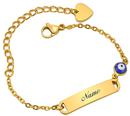 Baby Kind Armband mit Gravur Edelstahl Personalisierte Armbänder Tochter|Gravierbare Kinderarmkette|Taufarmband Junge Mädel| Böser Blick Charme Name Babyarmband Taufgeschenke Plated（Gold）