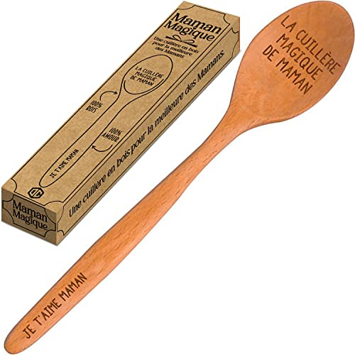 Cuillère de Cuisine en Bois huilé avec gravures Je t'aime Maman et La Cuillère magique de Maman | Idée Cadeau unique pour la Fête des Mères | Accessoire de Cuisine en Hêtre | OriginalCup