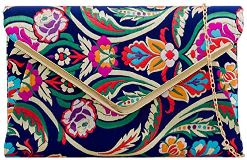 Purple Possum® Navy Blue Satin Floral Clutch Bag Damen Groß Rosa Lila Senfgelb Grün Blumen Schultertasche Hochzeit Handtasche